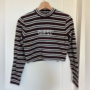 Guess Striped Long-Sleeve Crop Top in Burgundy, Green & White
